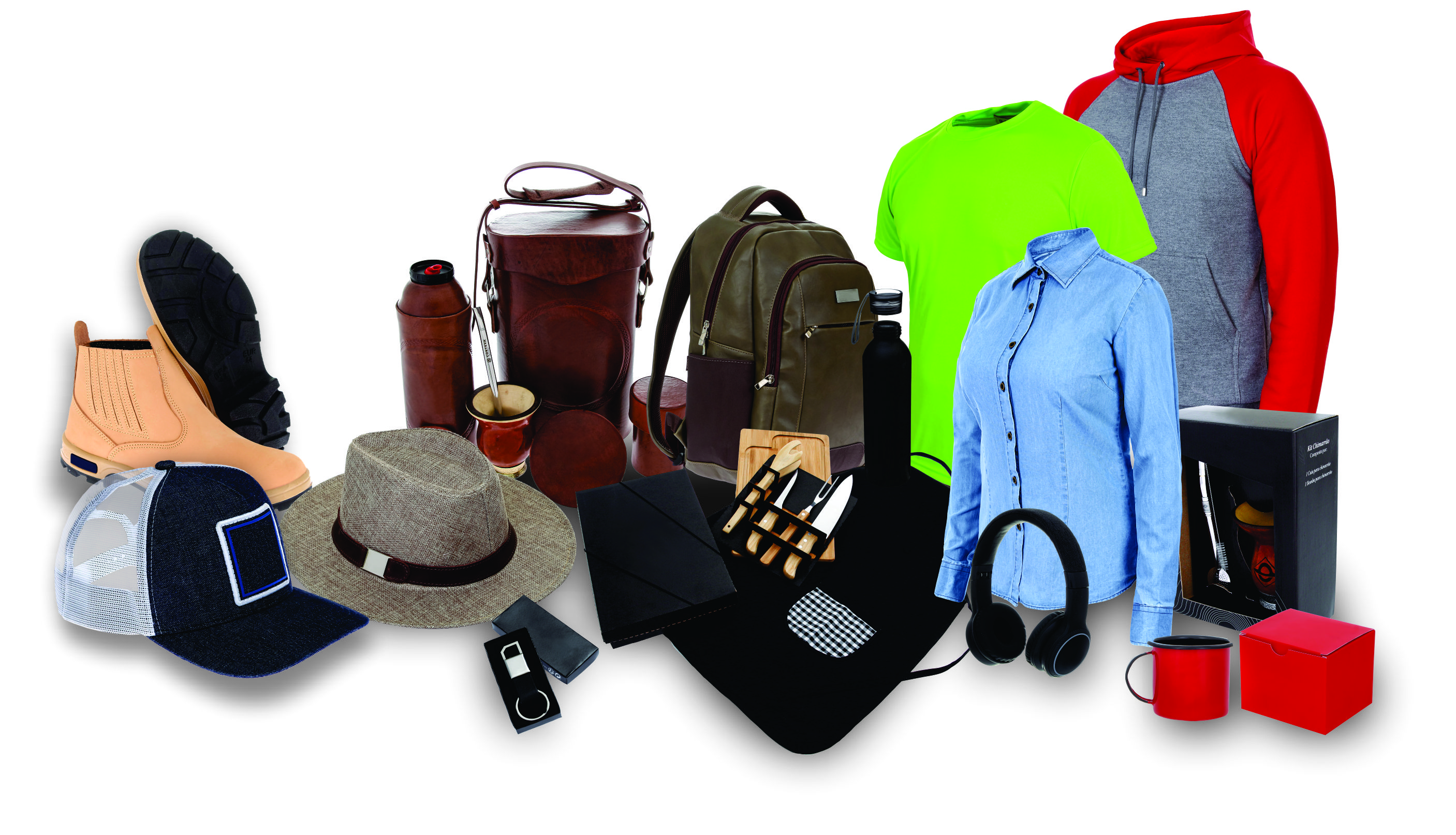 Composição de produtos personalizados: vestuário, calçados, bolsas, acessórios e brindes corporativos